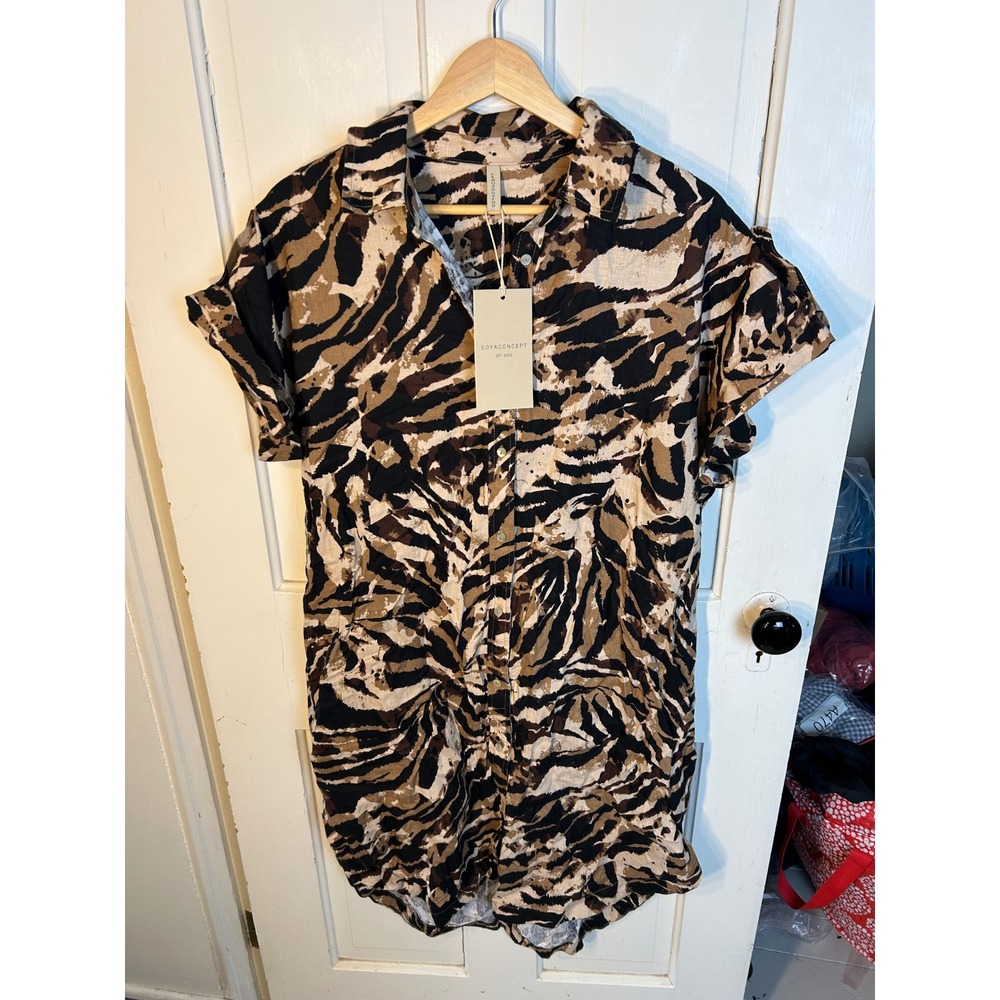 Soya Concept Doris Linen Blend‎ Animal Print Shirt Dress M